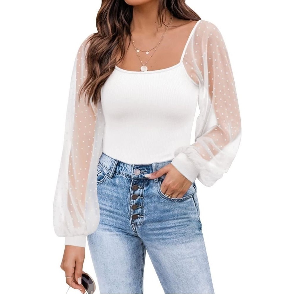 Women's Ribbed Square Neck Mesh Long Sleeve Top